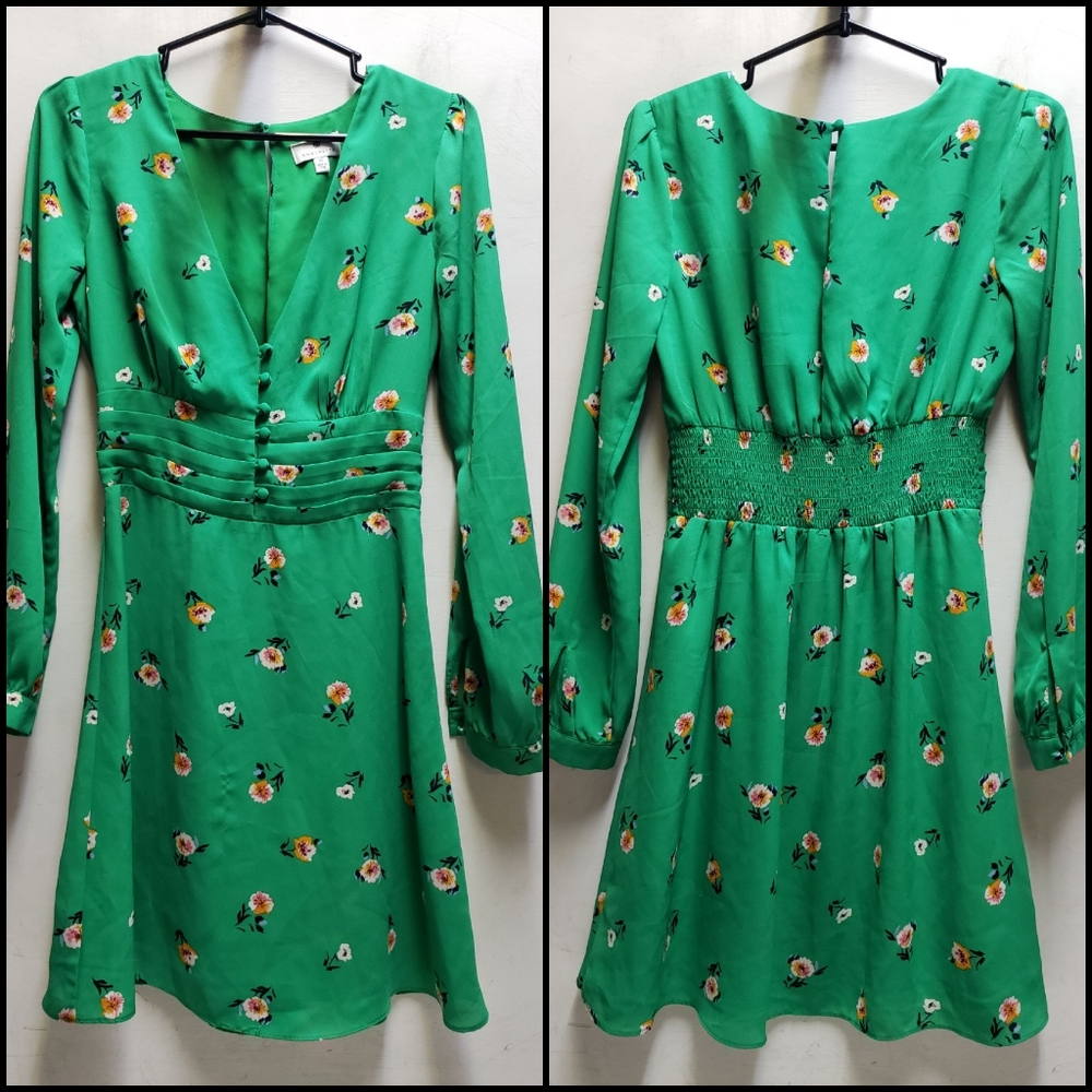 Socialite green floral print long sleeve dress womens XS cute spring style